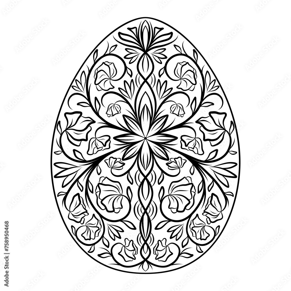 Hand drawn silhouette of Easter ornamental egg with pattern, curls, flowers, leaves. Decorative Easter holiday, floral spring egg. Vector outline sketch illustration isolated on white background