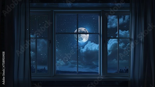 the night sky visible through the large window appears realistic by paying attention to the placement and density of stars and the illumination of the moon.