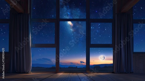 the night sky visible through the large window appears realistic by paying attention to the placement and density of stars and the illumination of the moon. photo