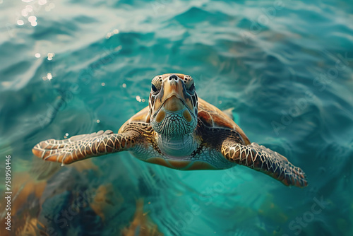 A sea turtle gracefully navigates through turquoise ocean depths  embodying elegance and resilience in its aquatic domain.