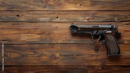 A handgun resting on a rustic wooden table, invoking themes of safety, danger, or law enforcement