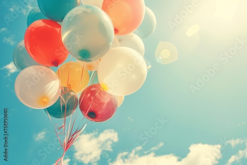 Colorful balloons flying in the sky, pastel colors in the vintage style, sunny day, happy birthday concept Generative AI