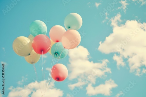 Colorful balloons flying in the sky, pastel colors, retro style, vintage style, happy birthday concept Generative AI