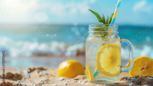 Refreshing lemonade in mason jar beside lemons on sunny beach with soft waves photo