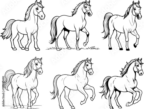 Horse set hand drawn coloring page and outline vector design 