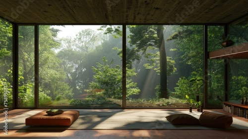 a large black sofa and other furniture in the room with large panoramic windows highlight the minimalist aesthetics. Elegant sofa design with a forest view in the background.