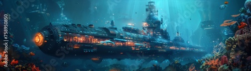 Undersea exploration base retro-futuristic subs photo