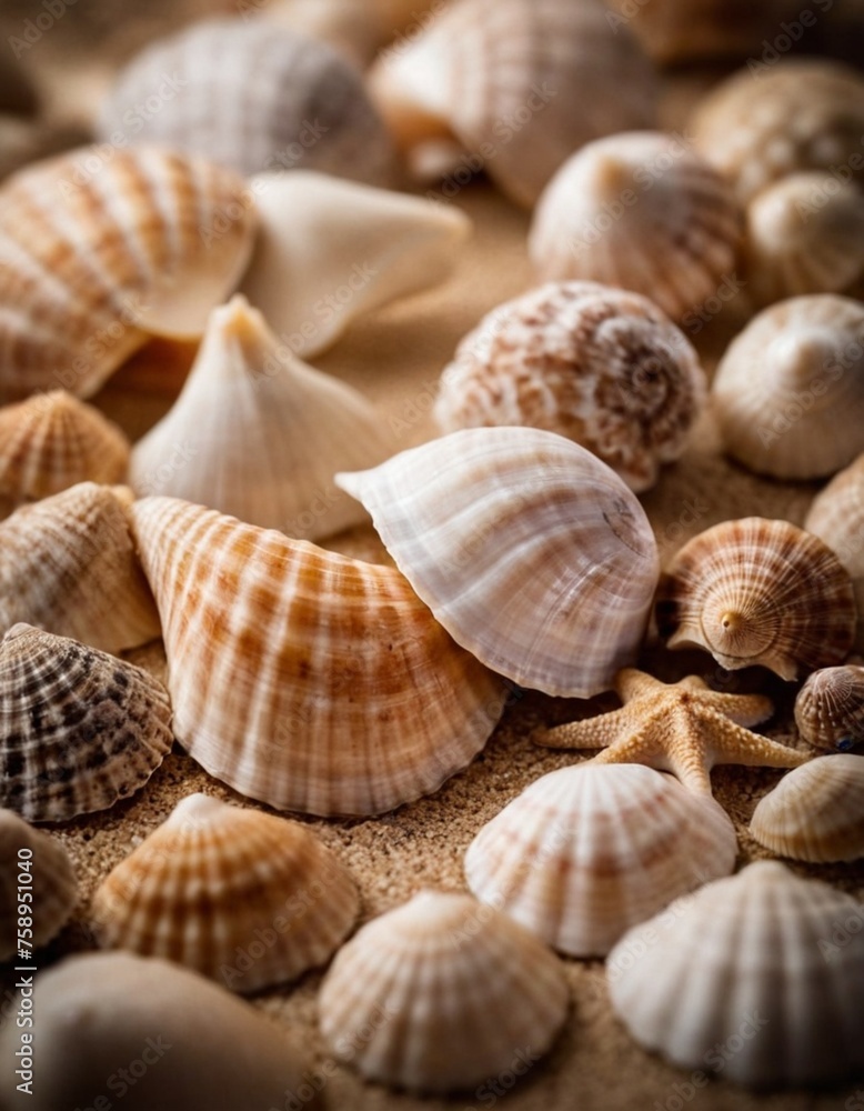 Picture, many seashells of different shapes and sizes on the sand