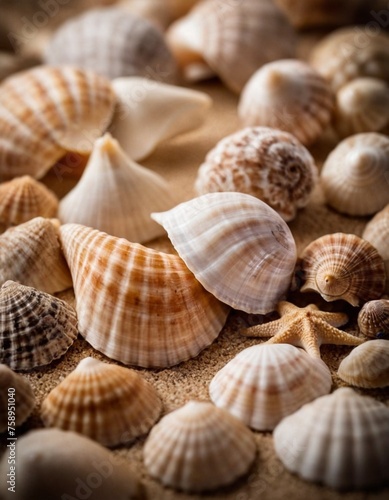 Picture, many seashells of different shapes and sizes on the sand