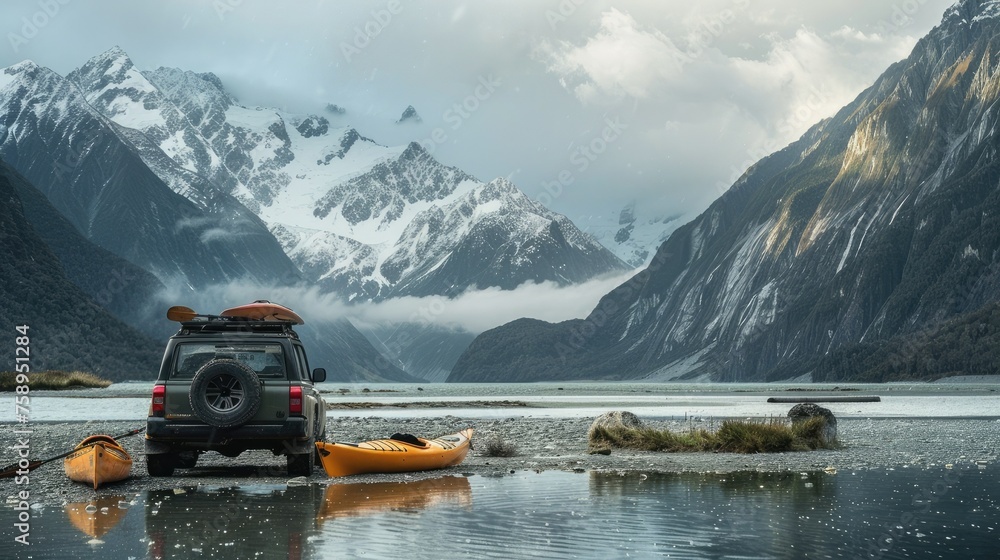 Off-road vehicles and kayaks against the backdrop of majestic mountains create a dramatic and impressive scene, emphasizing the willingness to explore the environment.