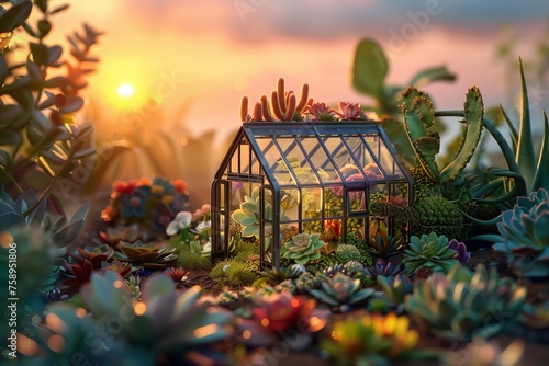 A hyper-realistic miniature glasshouse surrounded by a meticulously detailed succulent garden under the soft glow of sunset, creating a tranquil and inviting atmosphere.