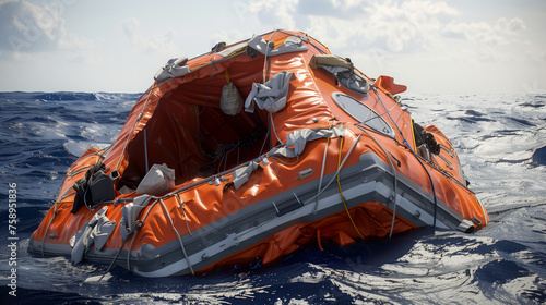 A close-up of a large enclosed orange inflatable life raft floating in the center of the ocean. photo