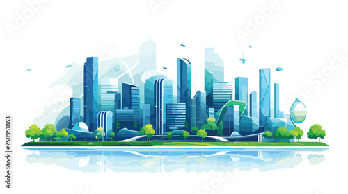 Futuristic City Panorama flat vector isolated on white