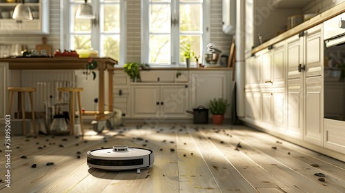 light furniture and kitchen decor to create a contrast with the black sweeping robot vacuum cleaner. This contrast highlights the robot s sleek and modern design against the clean white background.