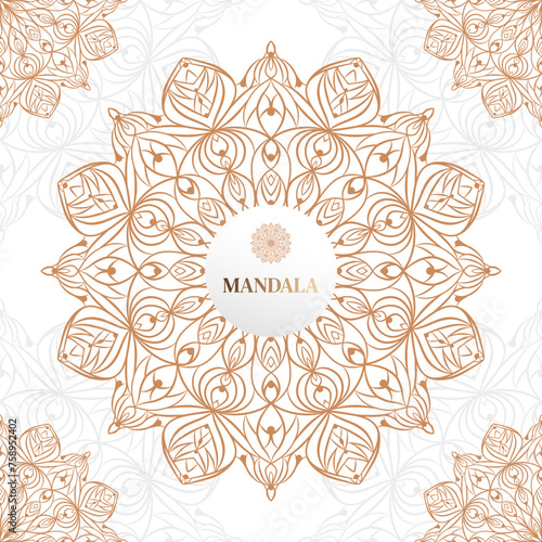Hand drawn gold luxury ornamental mandala with floral elements. Decorative golden pattern. Beautiful vintage curls ornament. Ethnic mosaic oriental vector sketch illustration on white background