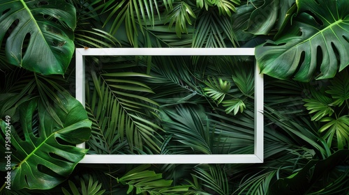 empty space and a frame of white paper or an inviting frame among the branches and leaves of a palm tree to create a sense of depth and dimension in the frame. photo