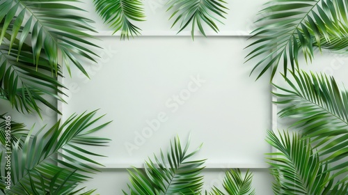 empty space and a frame of white paper or an inviting frame among the branches and leaves of a palm tree to create a sense of depth and dimension in the frame. photo