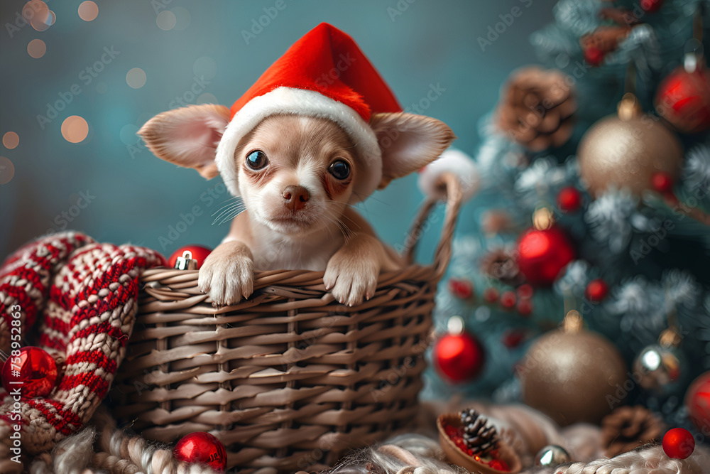 Cute funny puppy in a red Santa hats peeks out of a basket containing Christmas decorations and a Christmas tree. A beautiful postcard for Christmas and New Year Cute funny puppy in a red Santa hats peeks out of a basket containing Christmas decorations and a Christmas tree. A beautiful postcard for Christmas and New Year
