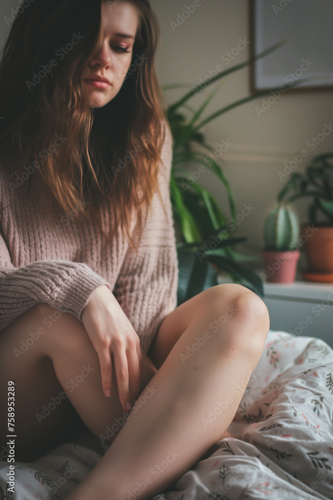 Naklejka premium teen girl sitting on bed alone, slumped sad wearing pink knit