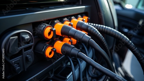Detail of the durable high-capacity cable supply securely plugged into an electric vehicle for charging
