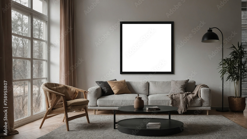 Fototapeta premium Frame mockup, ISO A paper size. Living room wall poster mockup, Interior mockup with house background