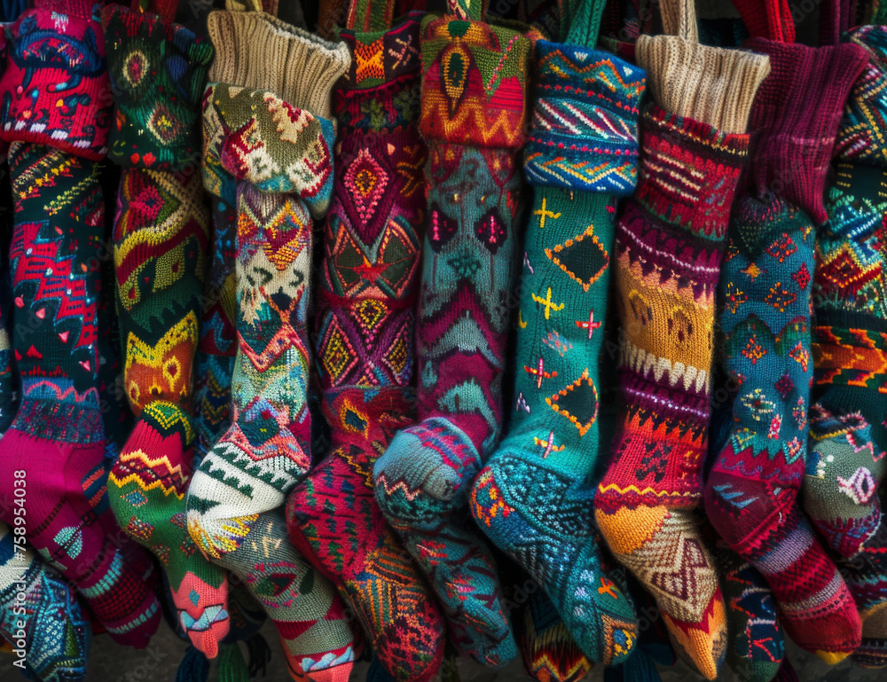 A vibrant image featuring an array of colorful traditional knitted socks for sale