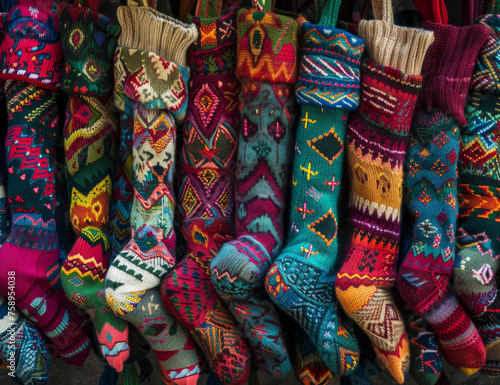 A vibrant image featuring an array of colorful traditional knitted socks for sale