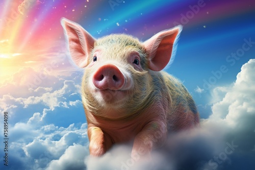 A fantastical depiction of a pig painted in bright rainbow colors gracefully gliding above the earth © charunwit