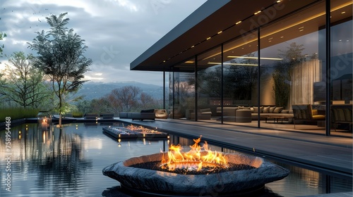 Architecture with a fire pit surrounded by water. Generative AI.