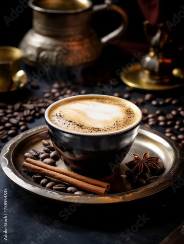 Black hot coffee cup with steaming smoke on brown wooden table. Dark background with coffee beans and bokeh. Magic mourning. Warm and cozy atmosphere. 