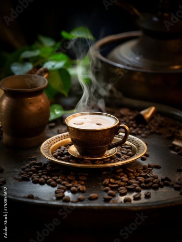 Black hot coffee cup with steaming smoke on brown wooden table. Dark background with coffee beans and bokeh. Magic mourning. Warm and cozy atmosphere. 