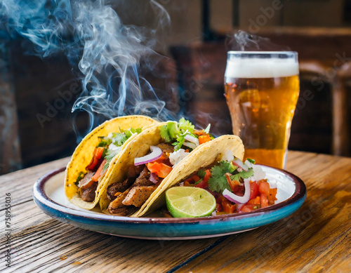 Smoking mexican meat tacos and a glass of beer on a dish at a wooden restaurant table