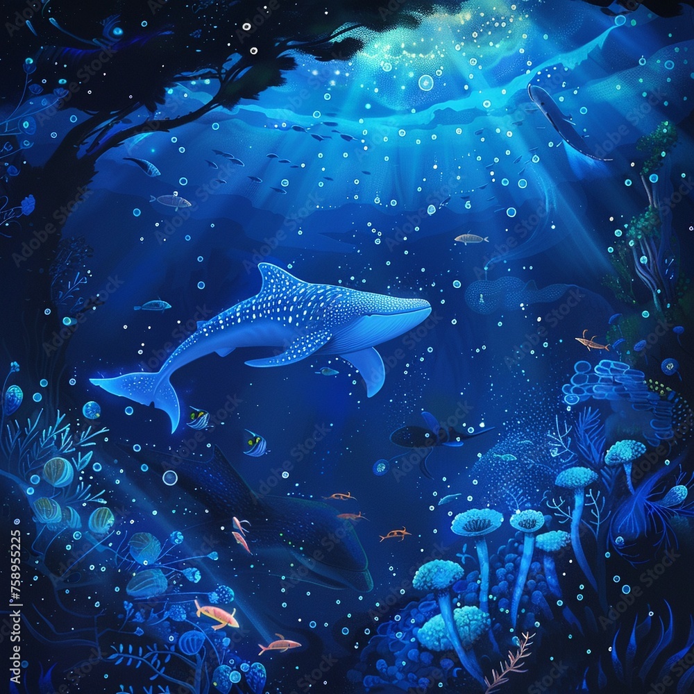 Naklejka premium Underwater world with bioluminescent creatures