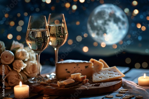 A table with two wine glasses, a cheese plate, and candles