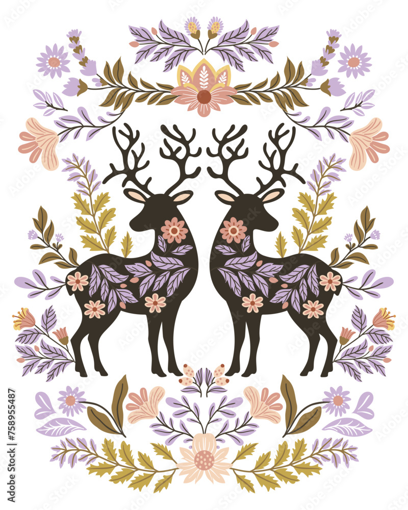 Postcard or poster made from folk art elements. Folk vector illustration with flowers and deer on a white background. Hand drawn folk flowers. Scandinavian traditional motif Postcard or poster made from folk art elements. Folk vector illustration with flowers and deer on a white background. Hand drawn folk flowers. Scandinavian traditional motif