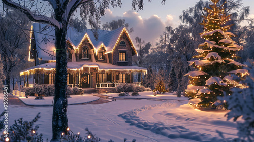 Snowbound Haven: A Quaint House Nestled in a Blanket of White photo
