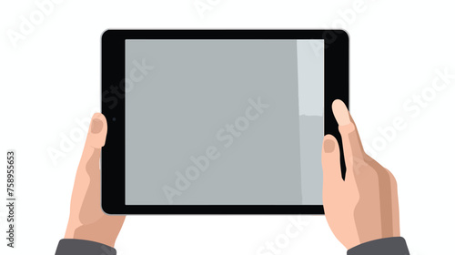 Hands hold and touch tablet PC on vhite background 