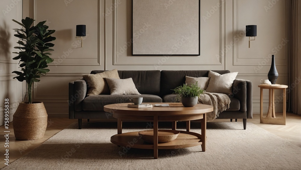 Fototapeta premium Round coffee table on beige rug near cozy sofa in room with classic paneling and poster, Scandinavian home interior design of modern living room