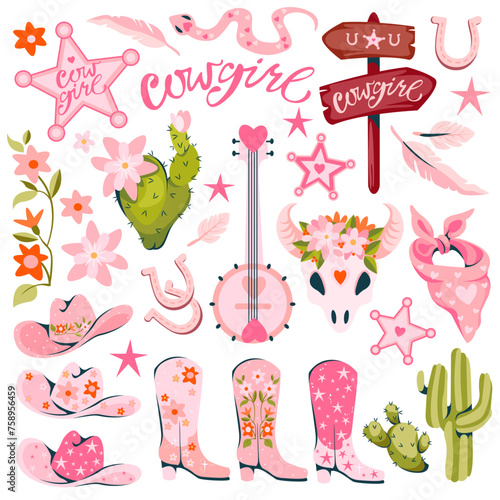 Seamless pattern with banjos and flowers in pink.