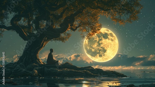 Meditation under Bodhi tree during Vesak full moon  serene ambiance with earthy tones  spiritual introspection.