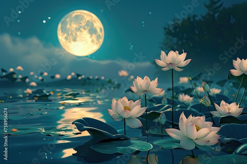 Tranquil pond, blooming lotus under Vesak full moon, symbolizing purity, enlightenment, spiritually resonant.