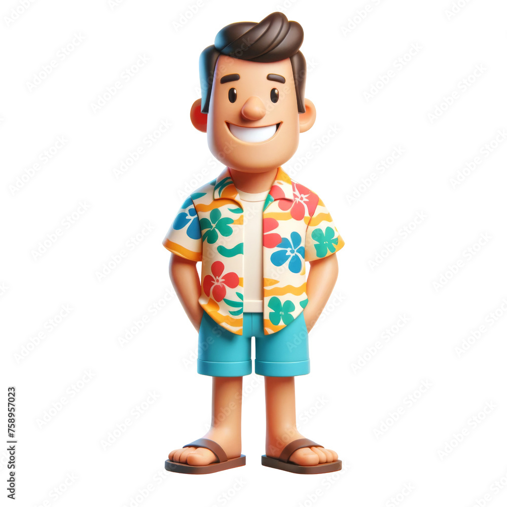 3d illustration of a man in a hawaiian shirt and shorts standing with hands in pockets.