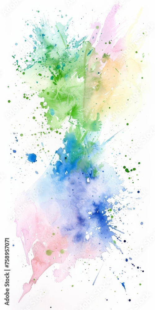 Fresh watercolor explosion with spring green, delicate pink, sunny yellow, and deep blue splashes.