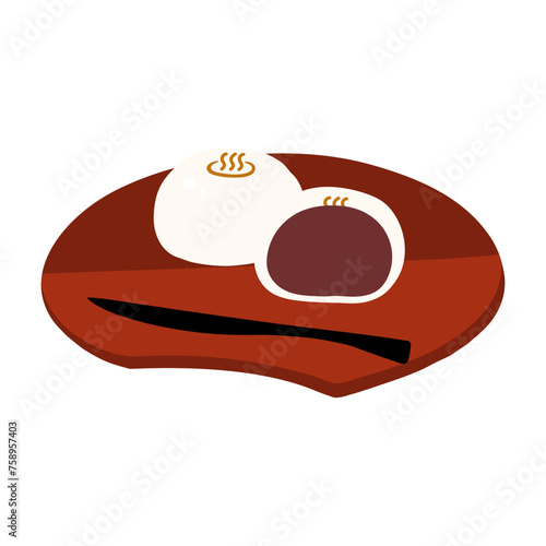 お皿にのった白い温泉まんじゅう(こしあん)の手描きカラーイラスト