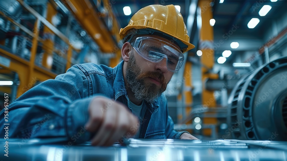 An engineer doing calculations on a metal frame to test it for strength, the frame should be in the center of a room. Generative AI. An engineer doing calculations on a metal frame to test it for strength, the frame should be in the center of a room. Generative AI.