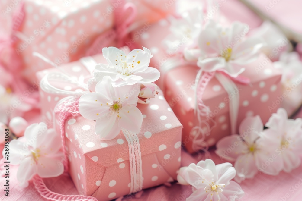 Delicate Pink Gift Boxes with White Flowers, Soft and Romantic Composition