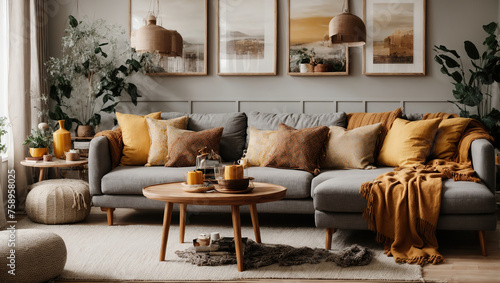 The stylish boho compostion at living room interior with design gray sofa, wooden coffee table, commode and elegant personal accessories, Honey yellow pillow and plaid, Cozy photo