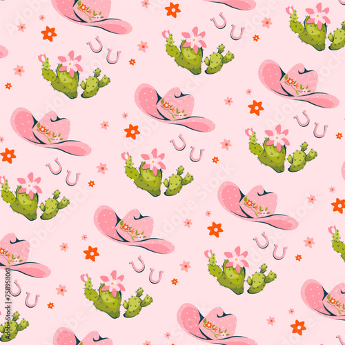 Seamless pattern with pink cowboy hat and cactus.