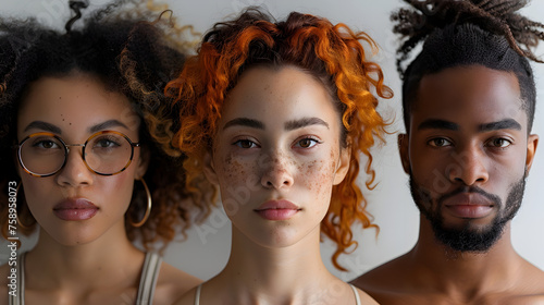 Portrait of Diverse Individuals Embracing Inclusion and Beauty A Young Woman with Ginger Hair and Glasses, a Black Man with Dreadlocks, and a
