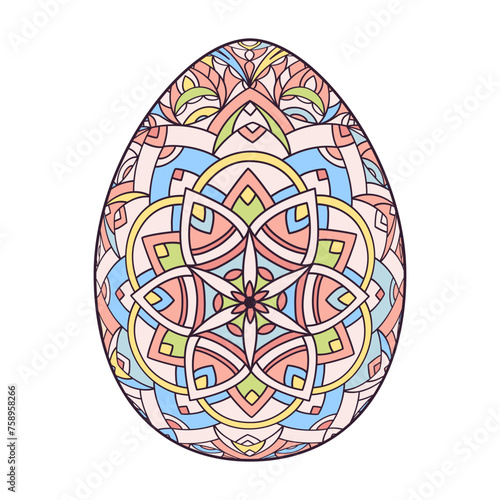 Hand drawn colorful Easter egg with patterns, curls, flowers. Spring Happy Easter egg with floral elements, decorative ornament. Vector cute illustration isolated on white background